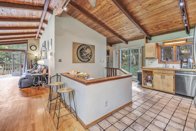 kitchen featuring dishwasher, sink, beamed ceiling, decorative backsplash, and wood ceiling