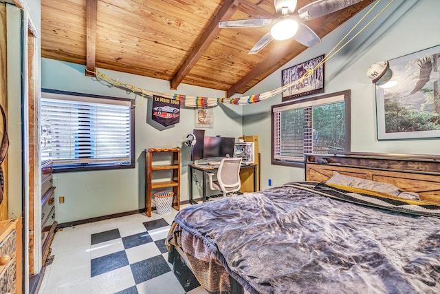 bedroom with vaulted ceiling with beams, ceiling fan, and wood ceiling