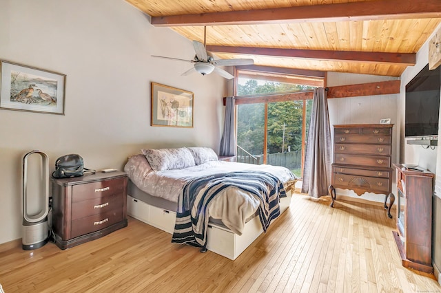 bedroom with lofted ceiling with beams, ceiling fan, light wood-type flooring, and wooden ceiling