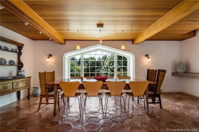 dining space with beam ceiling and wooden ceiling