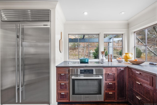 kitchen with appliances with stainless steel finishes and ornamental molding