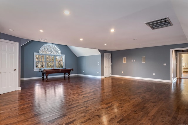 interior space with billiards, lofted ceiling, and dark hardwood / wood-style floors