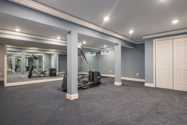 workout room with dark carpet