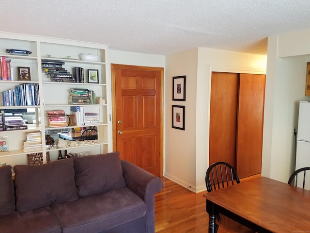 living room featuring a textured ceiling and light hardwood / wood-style flooring