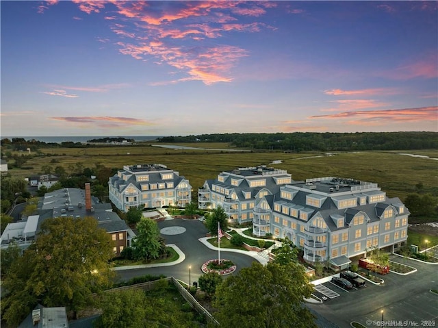 view of aerial view at dusk