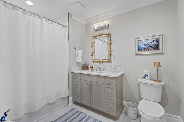 full bathroom with shower / bath combo, vanity, toilet, and ornamental molding