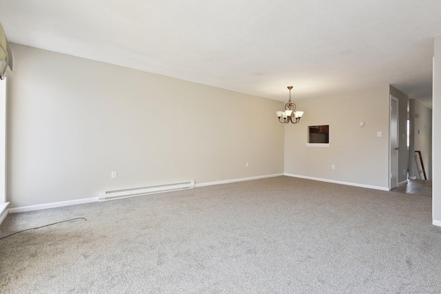 unfurnished room featuring a baseboard radiator, a chandelier, and carpet flooring