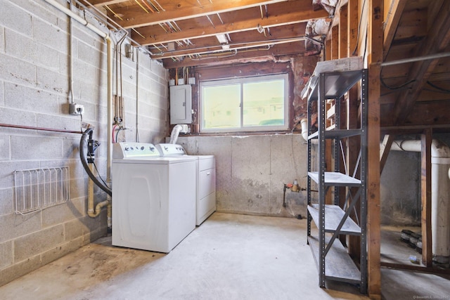 laundry area featuring electric panel and separate washer and dryer