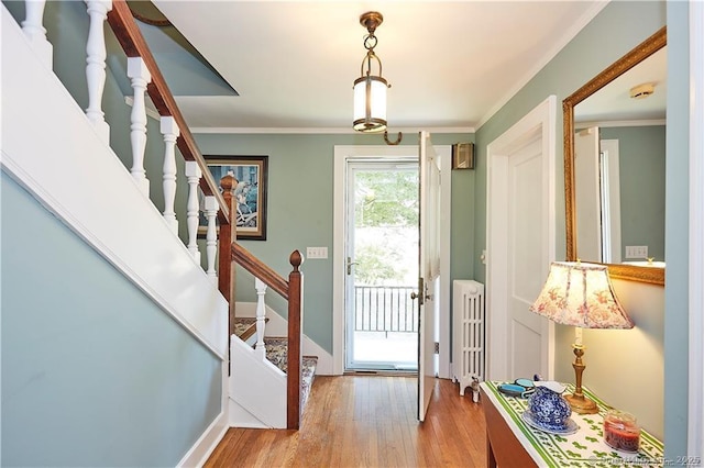 doorway featuring radiator, crown molding, and light hardwood / wood-style floors