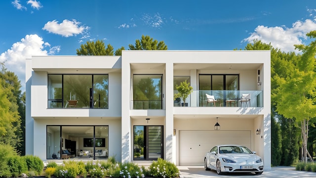 rear view of property with a balcony, driveway, a garage, and stucco siding