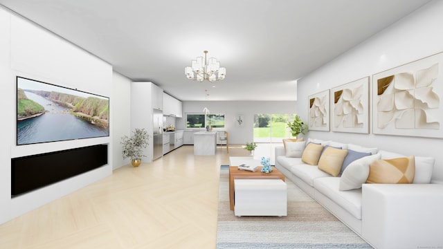 living room with light parquet floors and an inviting chandelier