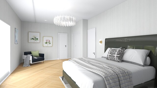 bedroom featuring an inviting chandelier and parquet floors