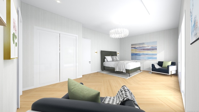 bedroom featuring a closet and a notable chandelier