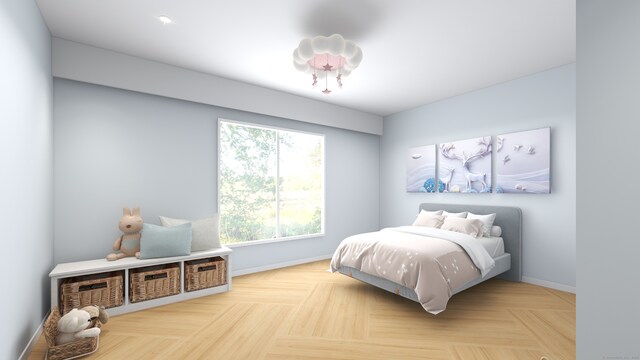 bedroom with light parquet floors