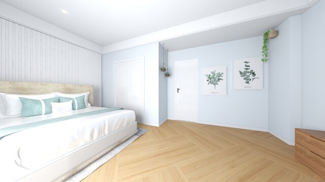 bedroom featuring light parquet floors