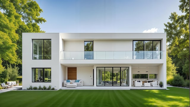 back of property featuring outdoor lounge area, a yard, a balcony, and stucco siding