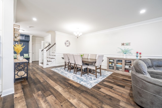 dining space with dark wood finished floors, an inviting chandelier, recessed lighting, ornamental molding, and stairs