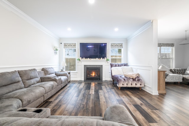 living room with crown molding and dark hardwood / wood-style flooring