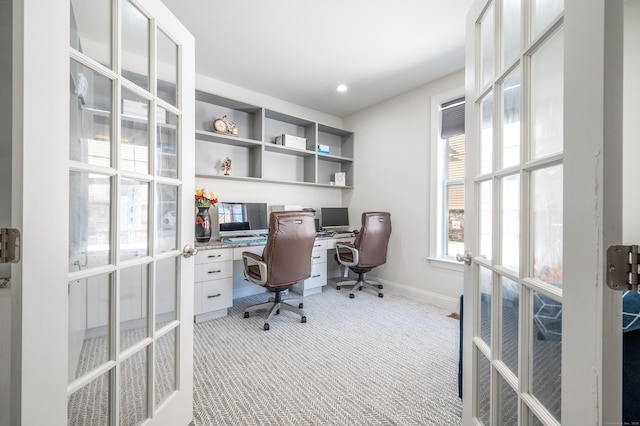 home office featuring recessed lighting, french doors, light carpet, and baseboards