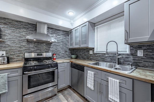 kitchen featuring wall chimney range hood, gray cabinets, sink, and appliances with stainless steel finishes