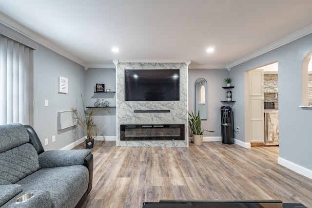 living room featuring crown molding, wood-type flooring, and a fireplace