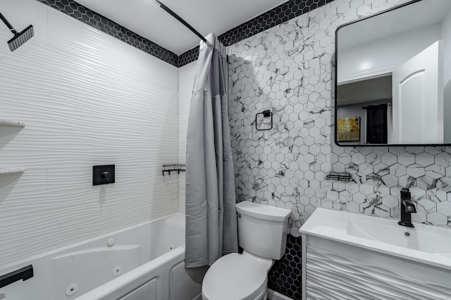 full bathroom featuring tile walls, decorative backsplash, vanity, shower / tub combo, and toilet