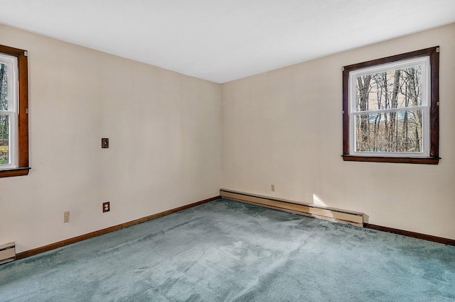 unfurnished room with baseboard heating and carpet flooring