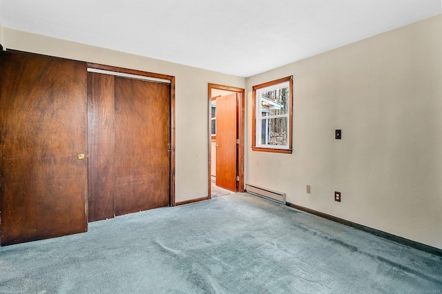 unfurnished bedroom featuring light colored carpet, a baseboard radiator, and a closet