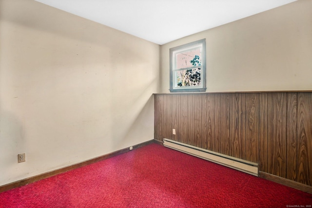 unfurnished room with carpet and baseboard heating