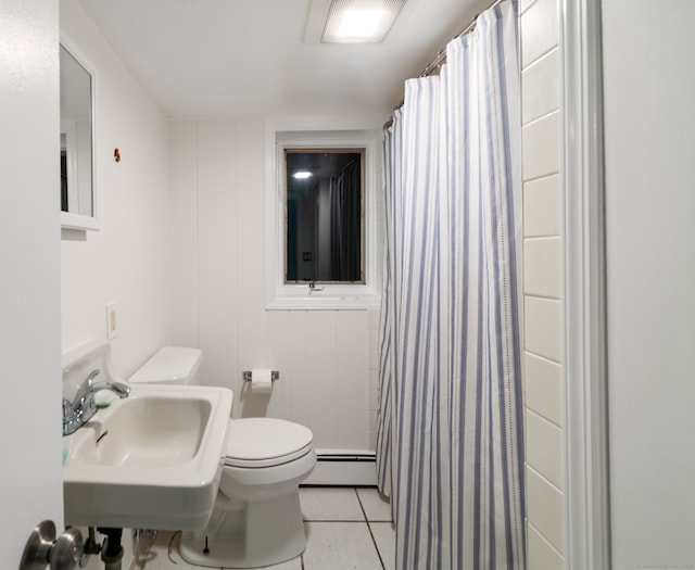 bathroom with tile patterned floors, sink, a baseboard radiator, toilet, and curtained shower