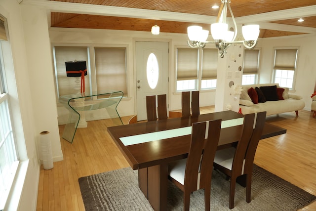 dining room featuring beamed ceiling, a notable chandelier, and light wood-type flooring