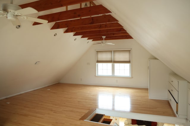 bonus room with ceiling fan, light hardwood / wood-style floors, and lofted ceiling