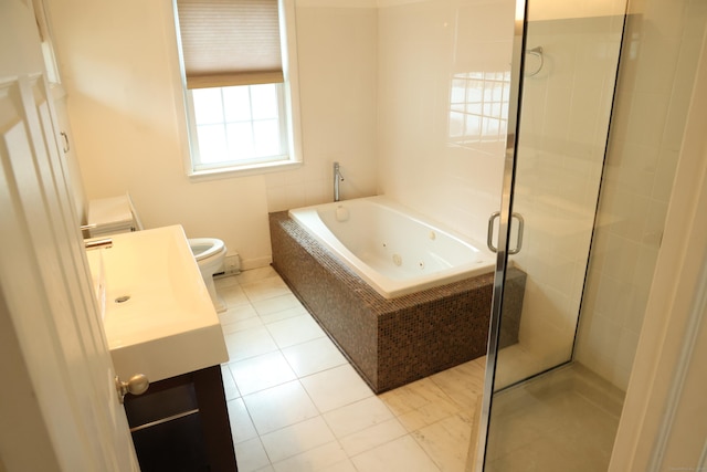 bathroom with tile patterned floors, separate shower and tub, and toilet