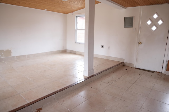 foyer entrance with electric panel, wooden ceiling, and vaulted ceiling