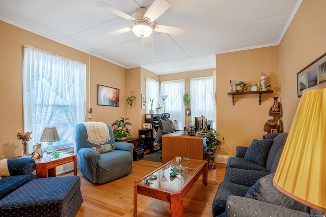 living room featuring ceiling fan, crown molding, and hardwood / wood-style flooring