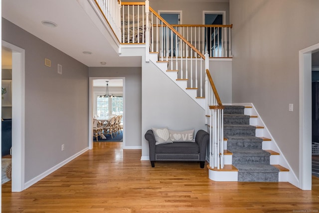 staircase with hardwood / wood-style flooring