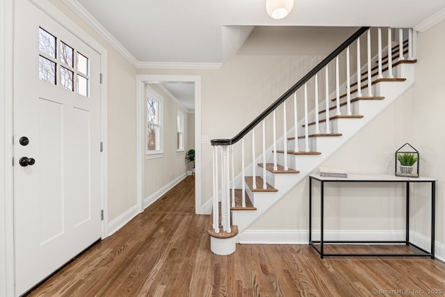 foyer entrance featuring plenty of natural light, wood-type flooring, and ornamental molding