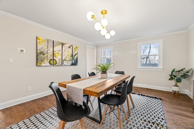 dining space with crown molding and hardwood / wood-style floors