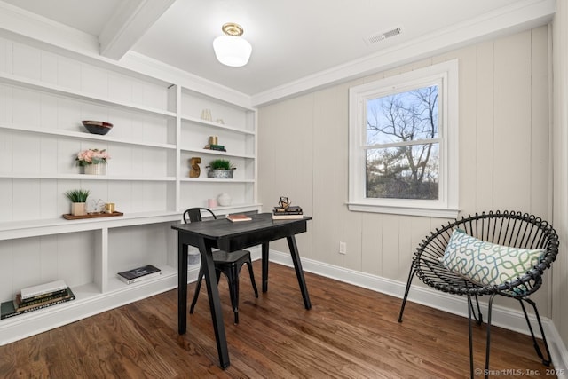 office area featuring beam ceiling, dark hardwood / wood-style floors, built in shelves, and crown molding