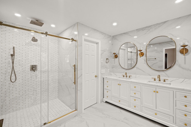 bathroom with an enclosed shower and vanity