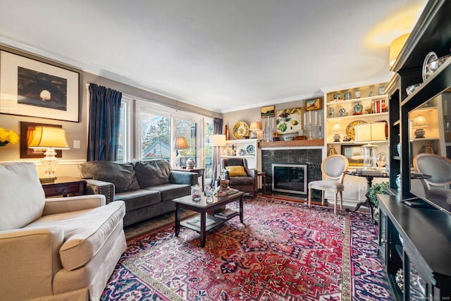 living room featuring ornamental molding and a premium fireplace