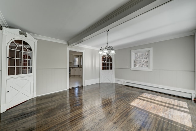 unfurnished dining area featuring dark wood-type flooring, a chandelier, a baseboard radiator, ornamental molding, and beam ceiling