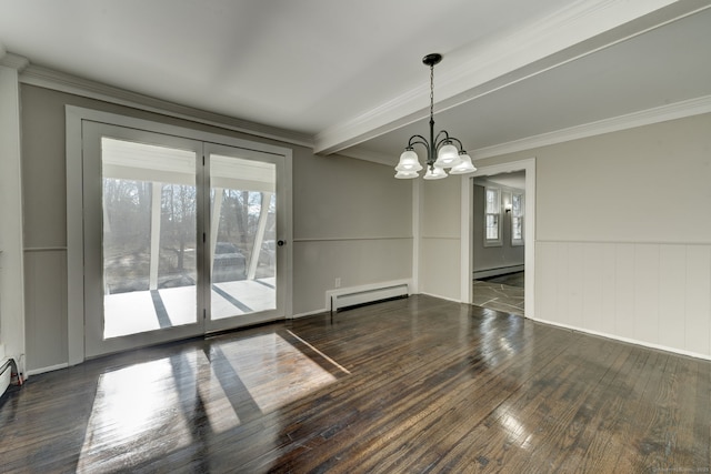 unfurnished dining area featuring a baseboard heating unit, a wealth of natural light, and dark hardwood / wood-style floors