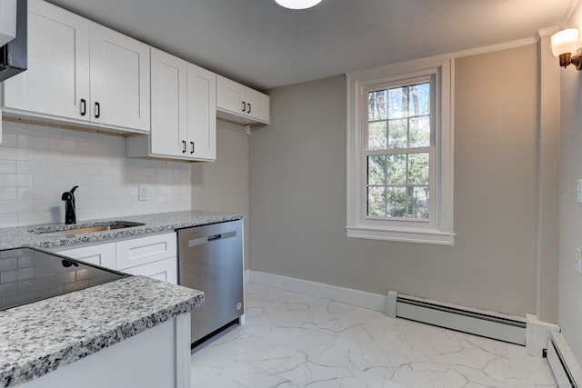 kitchen with sink, stainless steel dishwasher, white cabinets, and baseboard heating