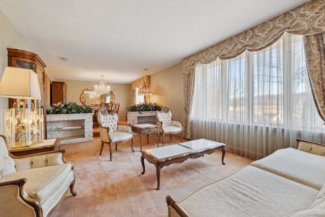 carpeted living room with a chandelier