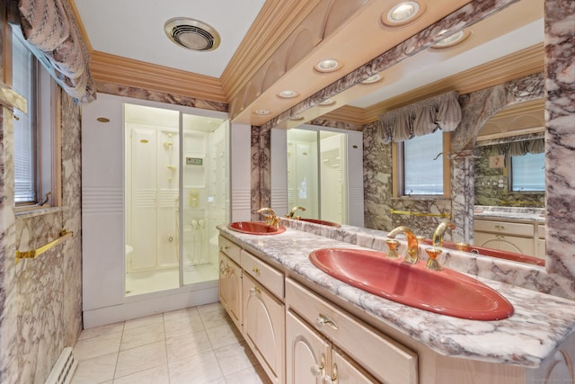 bathroom with a baseboard radiator, tile patterned floors, an enclosed shower, ornamental molding, and vanity