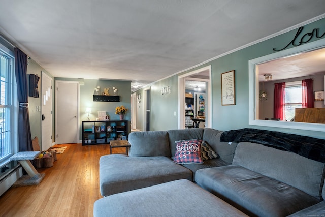 living room featuring light wood-type flooring and ornamental molding