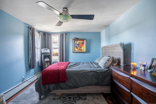 bedroom with ceiling fan and baseboard heating