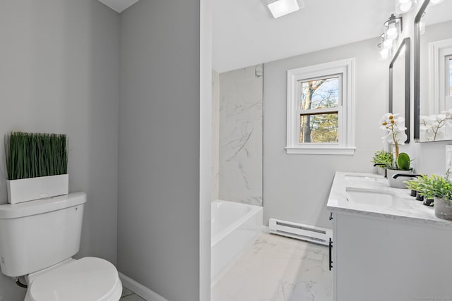 full bathroom featuring toilet, shower / bath combination, a baseboard radiator, and vanity