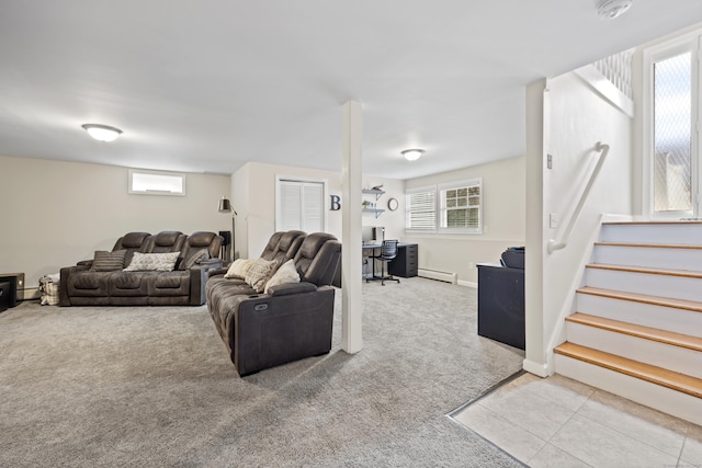 living room with light carpet and a baseboard radiator